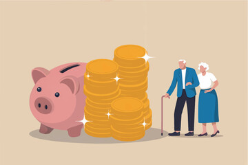 Senior couple saving money for retirement with piggy bank and stack of gold coins symbolizing financial security and future planning.