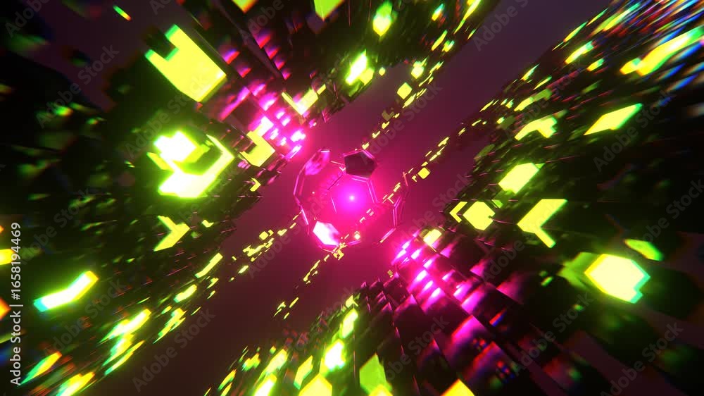 Poster glowing neon soccer ball flying through futuristic abstract data tunnel seamless loop animation