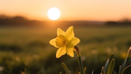 A vibrant yellow daffodil in bloom against a warm sunset sky