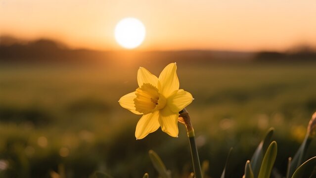 A vibrant yellow daffodil in bloom against a warm sunset sky