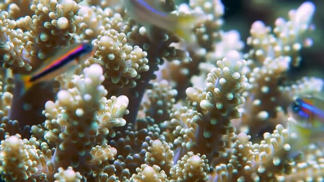 Close up of tiny fish swimming near coral reef in ocean habitat
