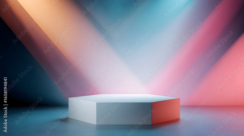 Aufkleber podium set against an abstract geometric background with dynamic lighting
