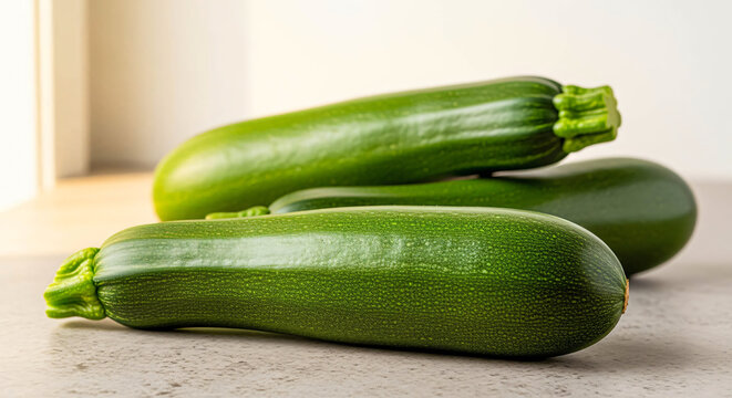 Three fresh, vibrant green zucchini lie on a textured surface, bathed in soft, natural light.