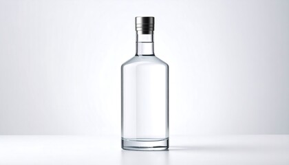 Empty clear glass bottle on white surface