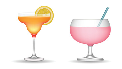 Fresh orange cocktail drink with lemon slice and cocktail glass with pink color drink