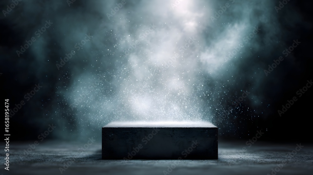 Poster abstract podium with floating particles in a moody background