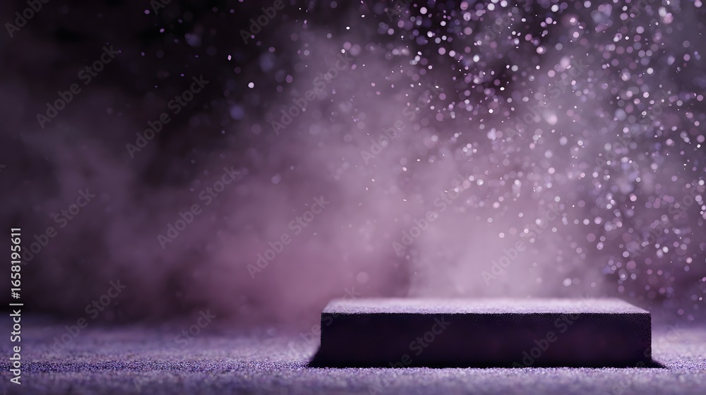Poster abstract podium with floating particles in a dramatic dark setting