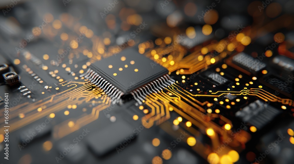 Poster macro shot of a modern circuit board with a central chip and golden pathways