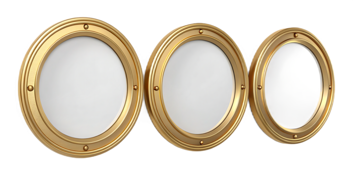 3D Three Golden Portholes Arranged in a Row Casting Light Against a Dark Backdrop Creating a Sense of Maritime Adventure and Discovery