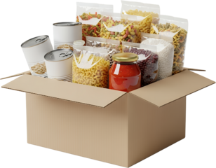 Cardboard box filled with assorted food items including canned goods pasta beans and sauce isolate grocery