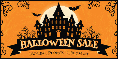 Halloween discount banner with haunted house and full moon vector design