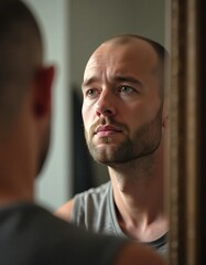 A bald man stands in front of a mirror, deeply lost in thought. His expression reveals introspection and contemplation in a calm indoor space, highlighting his personal journey Generative AI