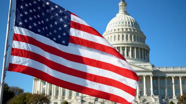 American Flag Waving at US Capitol - A vibrant American flag waves proudly in the foreground, with the majestic US Capitol building in sharp focus in the background under a clear blue sky.