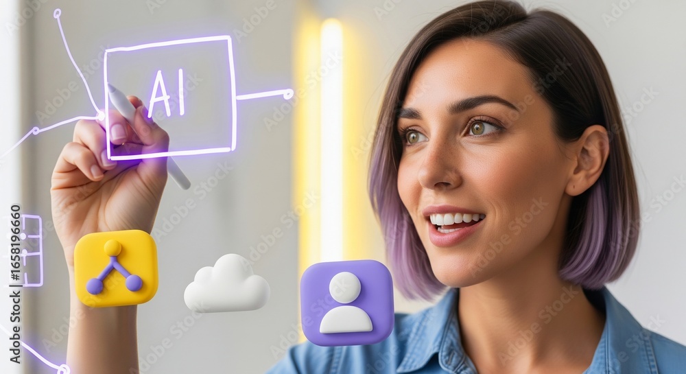 Poster smiling young woman interacts with artificial intelligence ai displaying glowing digital concepts