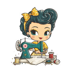 Vintage style cartoon woman sewing with retro machine colorful threads and spools