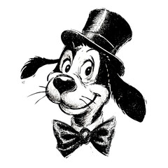 Whimsical cartoon dog wearing a top hat and bow tie sketched in a vintage style