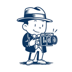 Cartoon man in fedora and suit holding vintage camera Photography Photographer