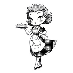 Vintage woman wearing an apron and retro hairstyle holds a pie Baking Dessert