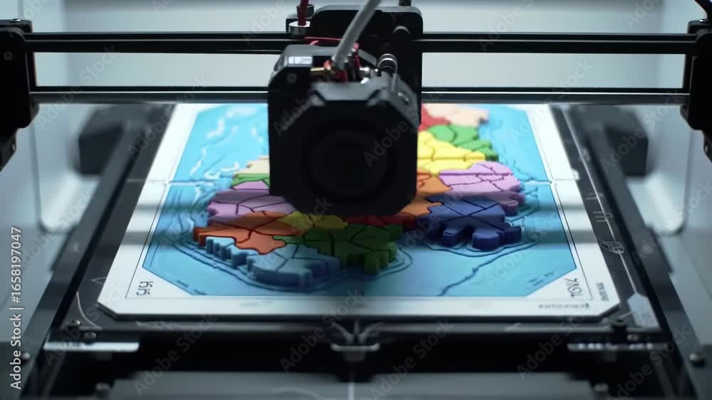 Aufkleber 3d printer creating multi-colored design on a flat platform.