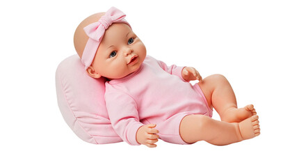 Realistic baby doll with a pink outfit relaxing on a soft pillow  