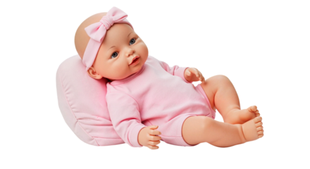 Realistic baby doll with a pink outfit relaxing on a soft pillow  