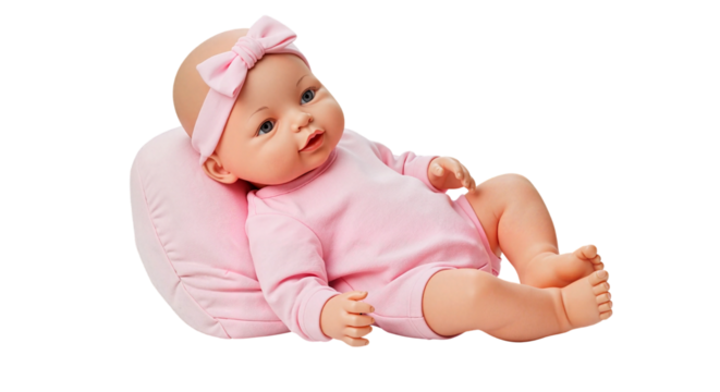 Realistic baby doll with a pink outfit relaxing on a soft pillow  