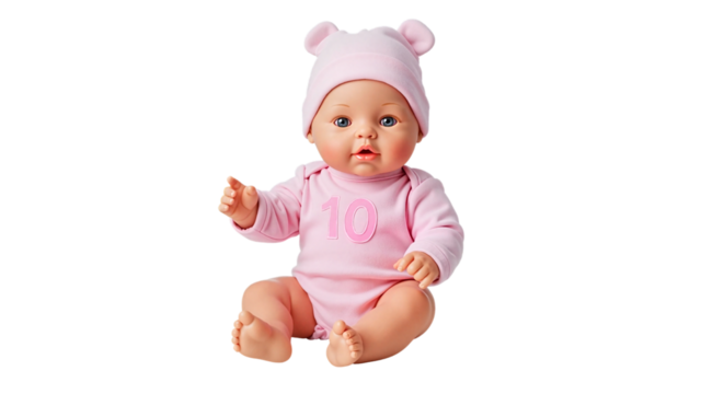 Baby doll with pink outfit and hat sitting on white background  