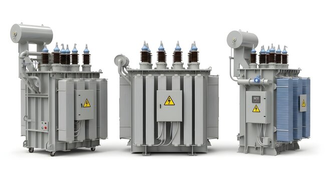 Three industrial power transformers, varying in size and design, displayed against a white background.