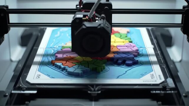 3D printer creating multi-colored design on a flat platform.