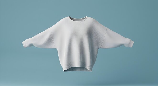 White Oversized Dolman Sleeve Sweater with Textured Panel Floating on Light Blue