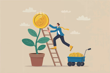 Entrepreneur climbing ladder to reach golden flower symbolizing growth opportunity and financial success © gfxshakib2023