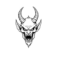 Evil demon head vector illustration showcasing sharp fangs horns and intimidating expression perfect for halloween themed designs