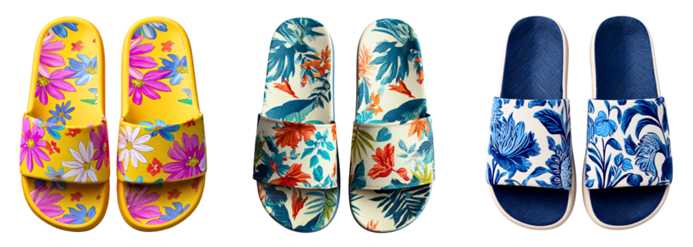 Collection of assorted summer slippers top view isolated on a white or transparent background