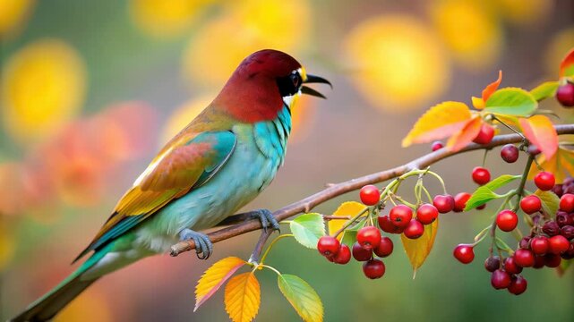 bee-eater bird sitting on a tree branch, red berries, autumn, birdwatching, ornithology, fall, nature