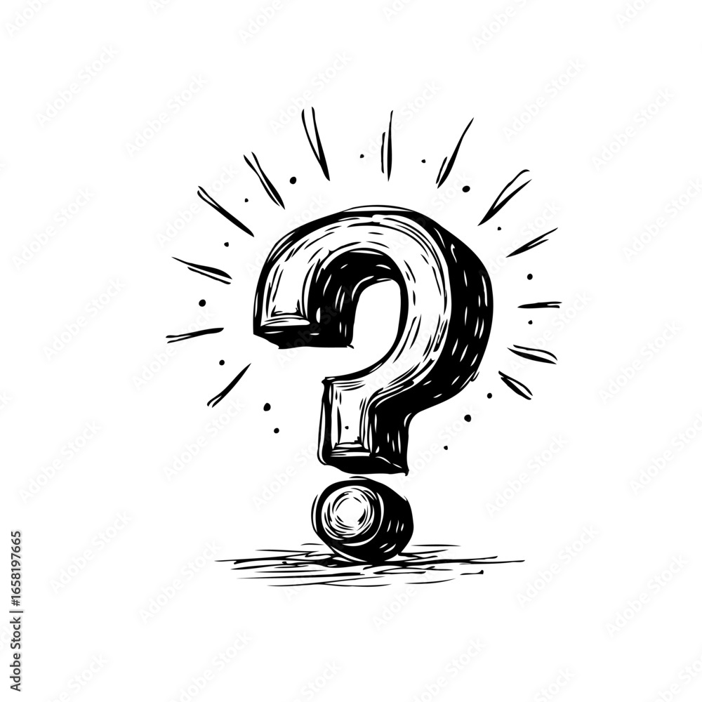 Poster sketch question mark with sun rays in abstract concept representing problem solving and solution for