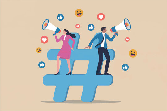 Digital marketing experts use megaphones on giant hashtag promoting social media engagement and online communication