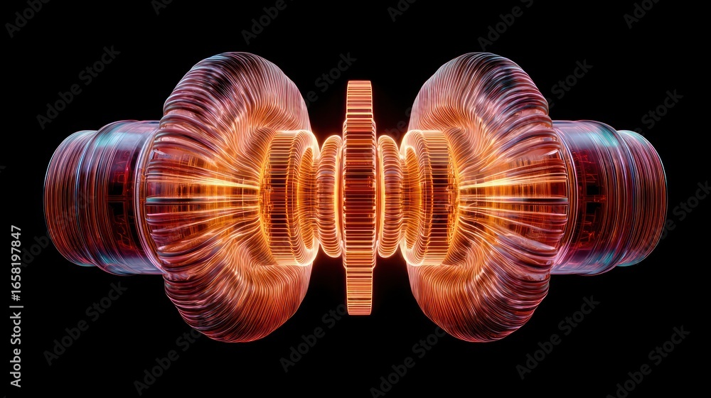 Poster 3d render of a complex, symmetrical structure with rings and glowing core on black