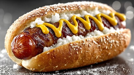 Hot Dog with Mustard and Powdered Sugar, wide banner,background,wide food and restaurant photography fast food element