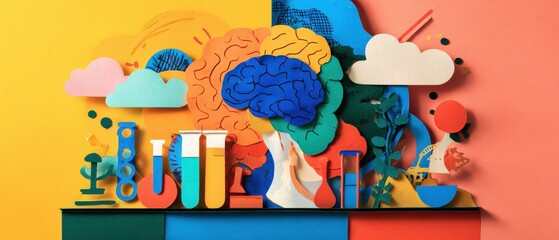 Colorful paper art of brain, science and nature concept Creative illustration of learning, education and research
