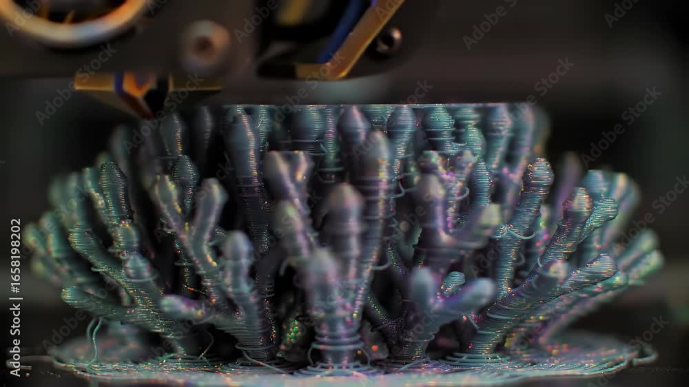 Poster printing a complex teal object with a 3d printer, close up view.
