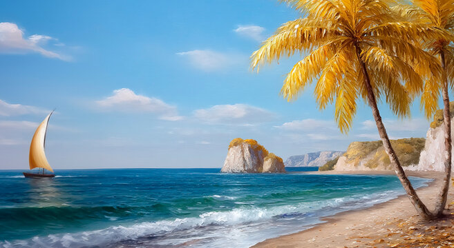 Tropical beach with palm trees and sailboat on blue sea, with rocky islands and coastal cliffs under clear sky on a sunny day.
