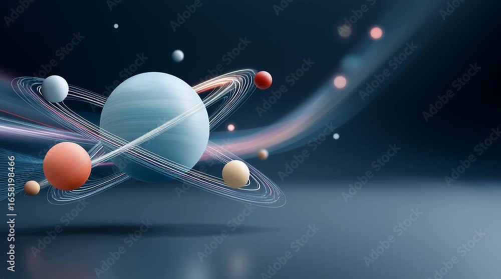 Poster dynamic cosmic scene featuring colorful planets and swirling rings, illustrating the mesmerizing mot