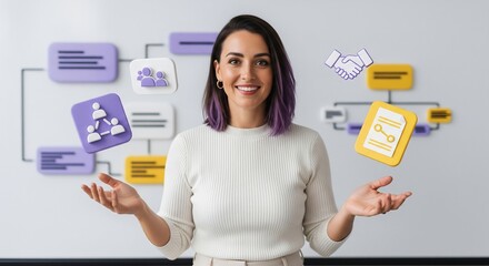 Smiling confident woman presenting innovative business strategy with 3D icons and a clear workflow diagram