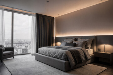 Minimalist master bedroom with a low-profile platform bed, gray layered bedding, and recessed cove lighting.