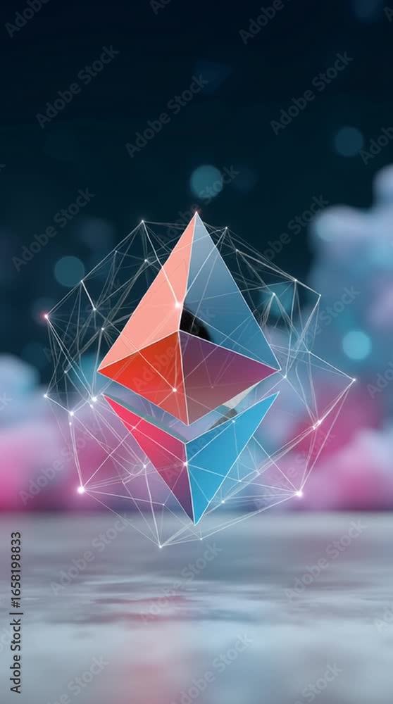 Poster geometric shapes in vibrant colors rotate dynamically against a blurred background, showcasing a sea