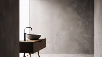 A minimalist Japanese bathroom with a wooden vanity, stone sink, and soft natural light.