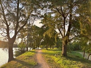 Naklejka premium Scenic dirt path beside a tranquil lake with lush trees, silhouetted against a golden sunset sky, with a distant power plant or factory on the horizon