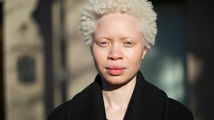 A beautiful and confident black woman with albinism and short white curly hair looks at the camera in a powerful and unique outdoor portrait