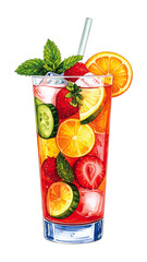 Watercolor Illustration of Pimm&rsquo;s Cup Cocktail with Fruit Garnish