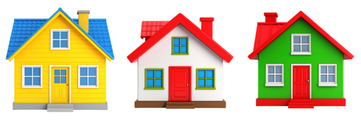 Three 3D Plastic Style Cartoon Homes Displaying Yellow White And Green Exteriors With Red And Blue Roofs Windows And Doors Against Transparent Background